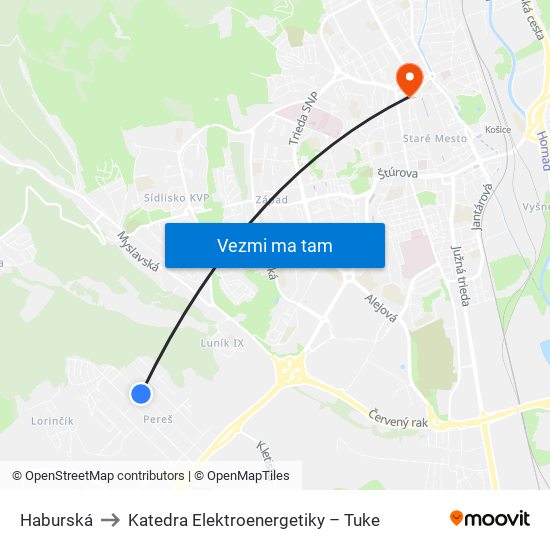 Haburská to Katedra Elektroenergetiky – Tuke map