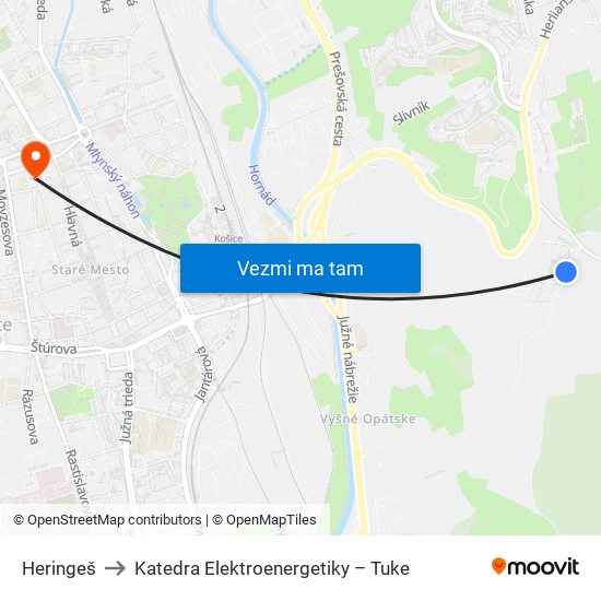 Heringeš to Katedra Elektroenergetiky – Tuke map