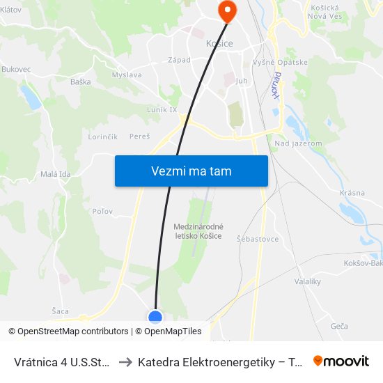 Vrátnica 4 U.S.Steel to Katedra Elektroenergetiky – Tuke map