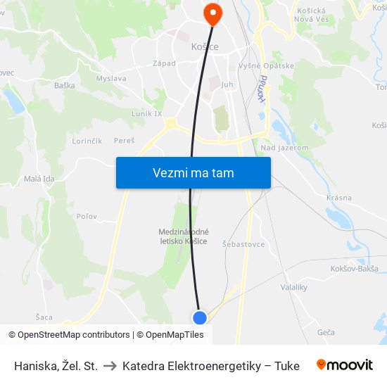 Haniska, Žel. St. to Katedra Elektroenergetiky – Tuke map