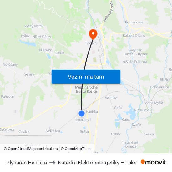 Plynáreň Haniska to Katedra Elektroenergetiky – Tuke map