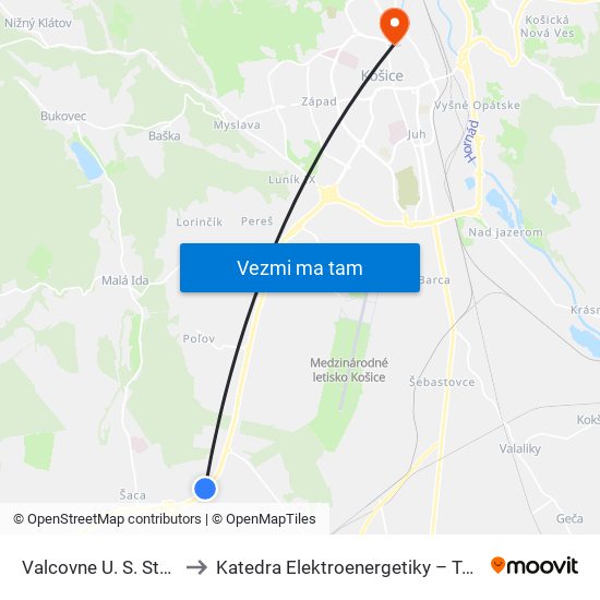 Valcovne U. S. Steel to Katedra Elektroenergetiky – Tuke map