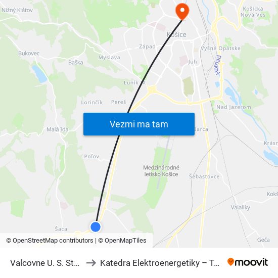 Valcovne U. S. Steel to Katedra Elektroenergetiky – Tuke map