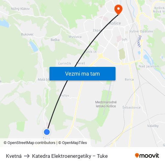 Kvetná to Katedra Elektroenergetiky – Tuke map