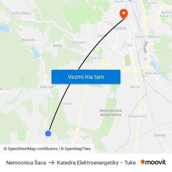 Nemocnica Šaca to Katedra Elektroenergetiky – Tuke map