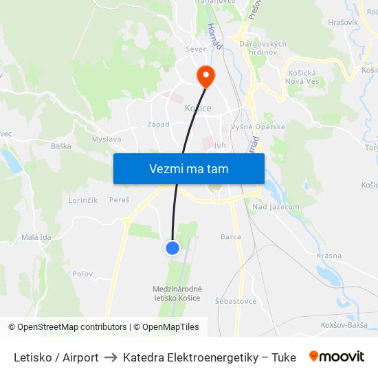 Letisko / Airport to Katedra Elektroenergetiky – Tuke map