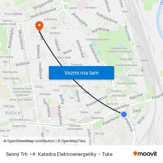 Senný Trh to Katedra Elektroenergetiky – Tuke map