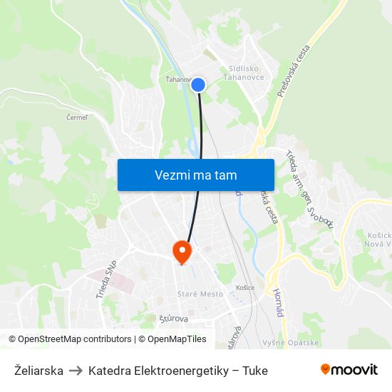 Želiarska to Katedra Elektroenergetiky – Tuke map