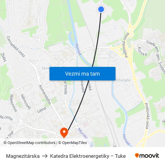 Magnezitárska to Katedra Elektroenergetiky – Tuke map