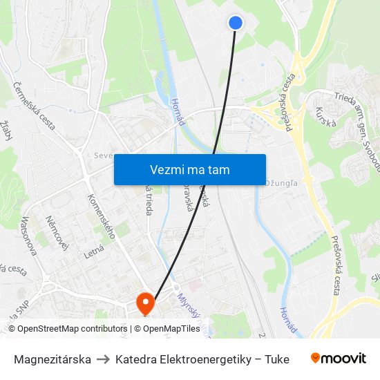 Magnezitárska to Katedra Elektroenergetiky – Tuke map