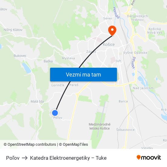 Poľov to Katedra Elektroenergetiky – Tuke map