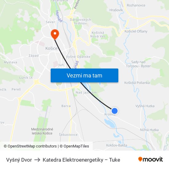 Vyšný Dvor to Katedra Elektroenergetiky – Tuke map