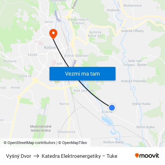 Vyšný Dvor to Katedra Elektroenergetiky – Tuke map