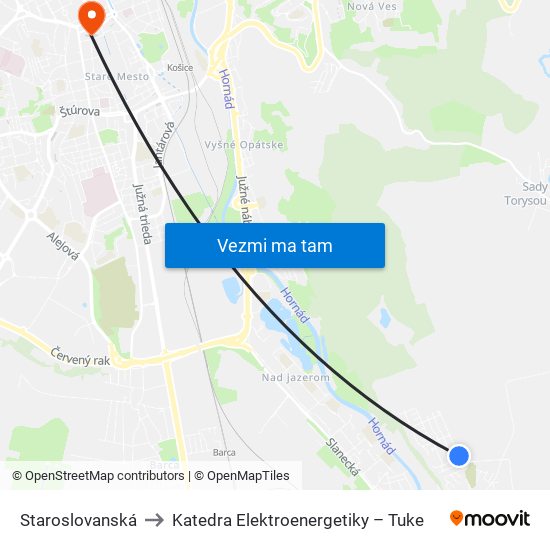 Staroslovanská to Katedra Elektroenergetiky – Tuke map