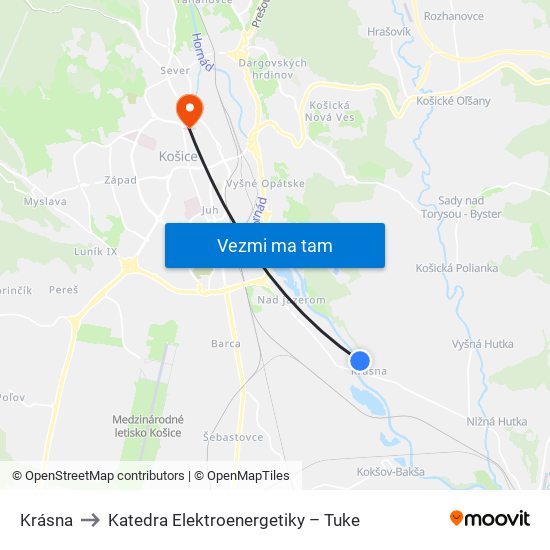 Krásna to Katedra Elektroenergetiky – Tuke map