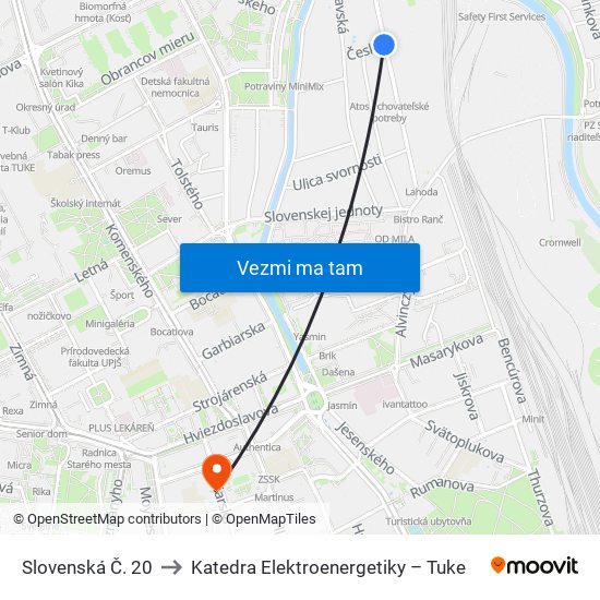 Slovenská Č. 20 to Katedra Elektroenergetiky – Tuke map