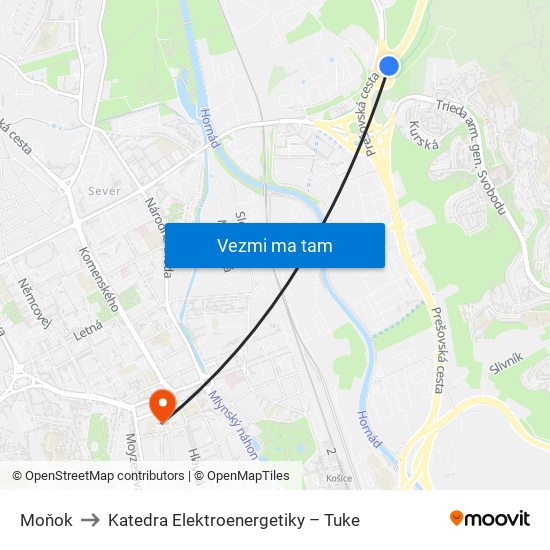 Moňok to Katedra Elektroenergetiky – Tuke map