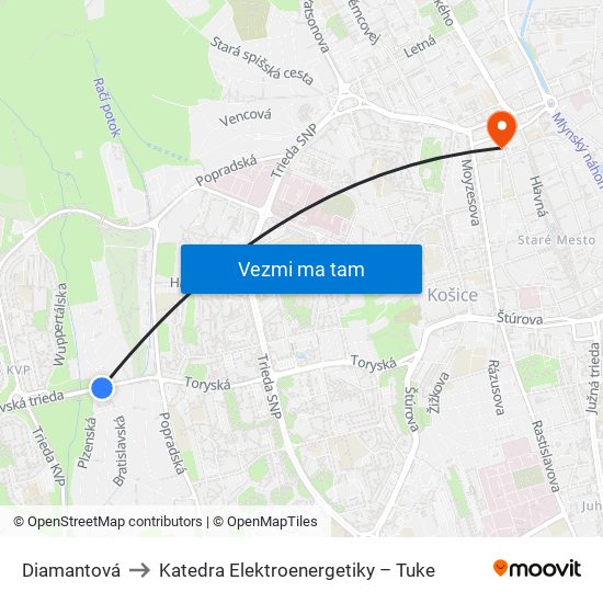 Diamantová to Katedra Elektroenergetiky – Tuke map