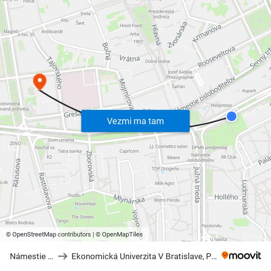 Námestie Osloboditeľov to Ekonomická Univerzita V Bratislave, Podnikovohospodárska Fakulta V Košiciach map