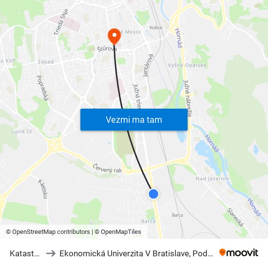 Katastrálny Úrad to Ekonomická Univerzita V Bratislave, Podnikovohospodárska Fakulta V Košiciach map