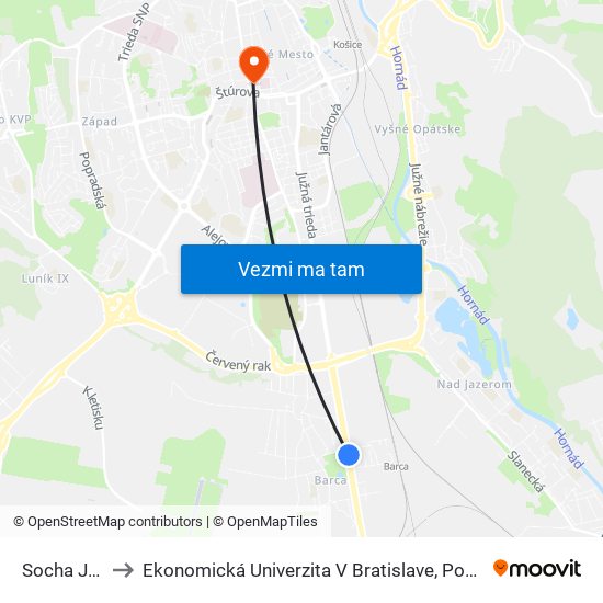 Socha Jána Pavla II to Ekonomická Univerzita V Bratislave, Podnikovohospodárska Fakulta V Košiciach map