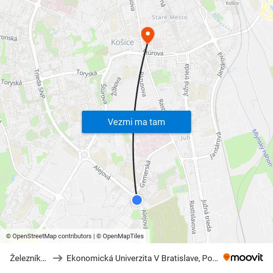 Železníky, Križovatka to Ekonomická Univerzita V Bratislave, Podnikovohospodárska Fakulta V Košiciach map