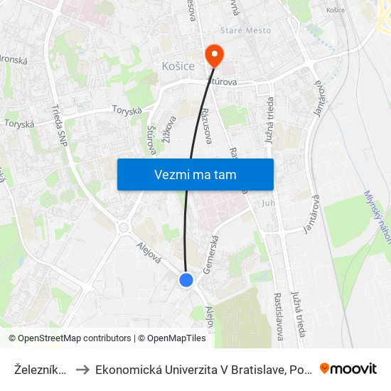 Železníky, Križovatka to Ekonomická Univerzita V Bratislave, Podnikovohospodárska Fakulta V Košiciach map