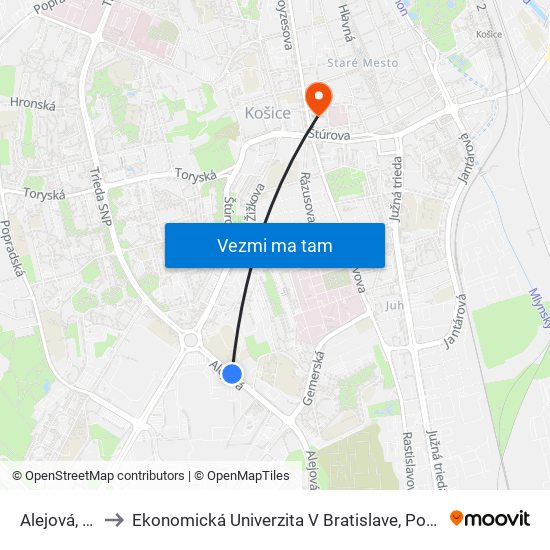 Alejová, Gymnázium to Ekonomická Univerzita V Bratislave, Podnikovohospodárska Fakulta V Košiciach map