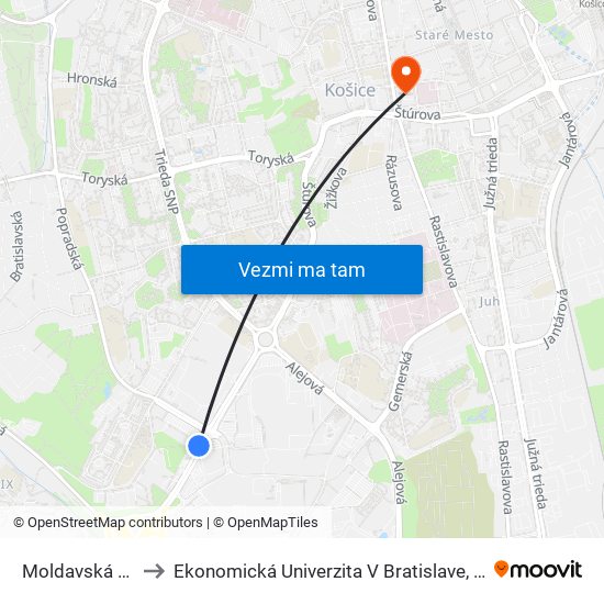 Moldavská Obchodné Centrá to Ekonomická Univerzita V Bratislave, Podnikovohospodárska Fakulta V Košiciach map