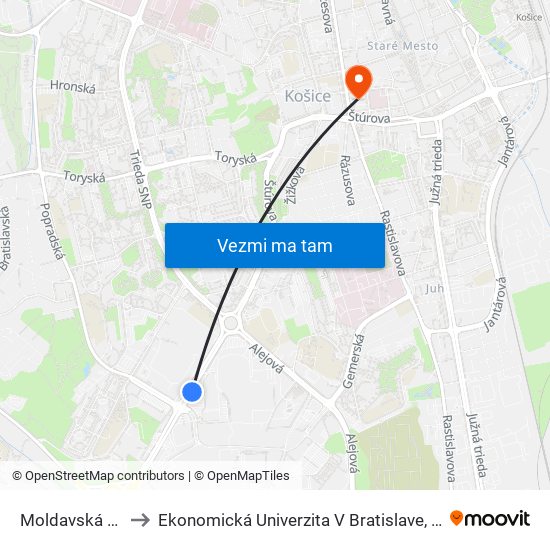 Moldavská Obchodné Centrá to Ekonomická Univerzita V Bratislave, Podnikovohospodárska Fakulta V Košiciach map