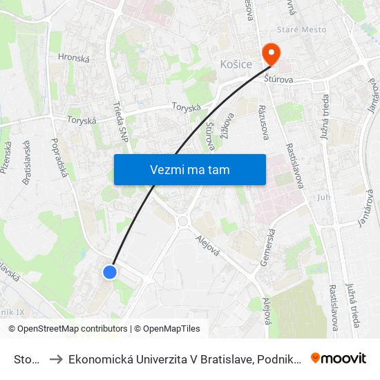 Stodolova to Ekonomická Univerzita V Bratislave, Podnikovohospodárska Fakulta V Košiciach map