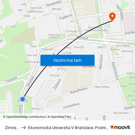 Zimný Štadión to Ekonomická Univerzita V Bratislave, Podnikovohospodárska Fakulta V Košiciach map