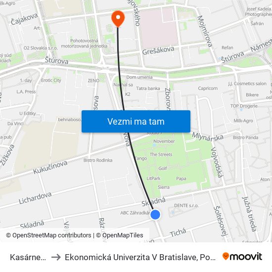 Kasárne, Kulturpark to Ekonomická Univerzita V Bratislave, Podnikovohospodárska Fakulta V Košiciach map