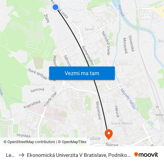 Letecká to Ekonomická Univerzita V Bratislave, Podnikovohospodárska Fakulta V Košiciach map