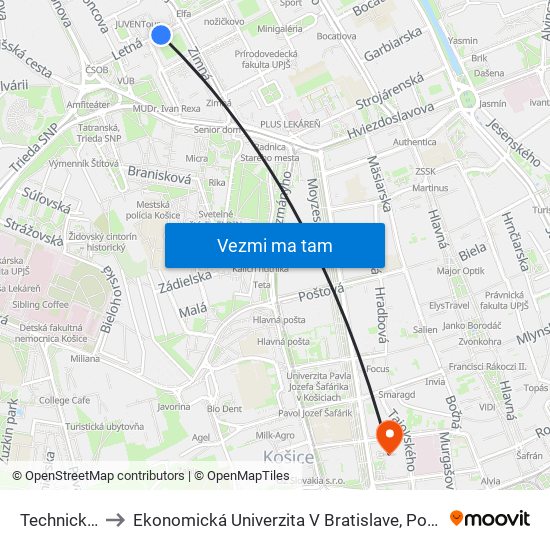 Technická Univerzita to Ekonomická Univerzita V Bratislave, Podnikovohospodárska Fakulta V Košiciach map