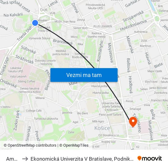 Amfiteáter to Ekonomická Univerzita V Bratislave, Podnikovohospodárska Fakulta V Košiciach map