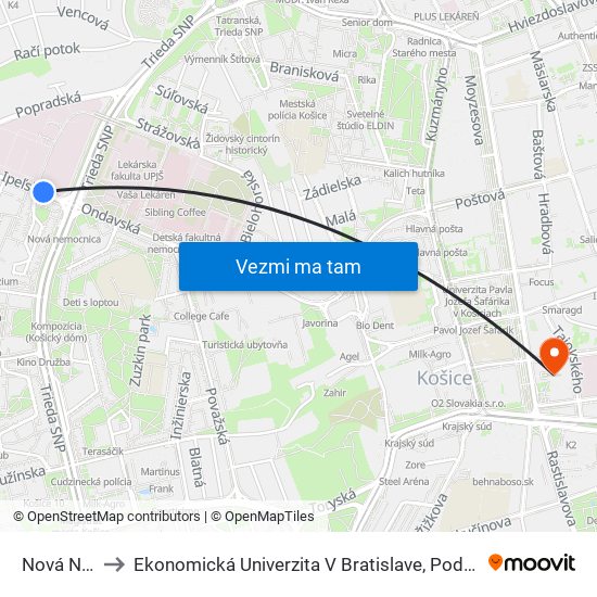 Nová Nemocnica to Ekonomická Univerzita V Bratislave, Podnikovohospodárska Fakulta V Košiciach map