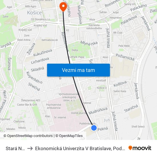 Stará Nemocnica to Ekonomická Univerzita V Bratislave, Podnikovohospodárska Fakulta V Košiciach map