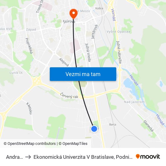 Andraščíkova to Ekonomická Univerzita V Bratislave, Podnikovohospodárska Fakulta V Košiciach map