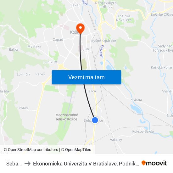 Šebastovce to Ekonomická Univerzita V Bratislave, Podnikovohospodárska Fakulta V Košiciach map