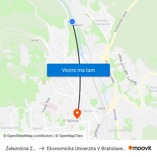 Železničná Zastávka Ťahanovce to Ekonomická Univerzita V Bratislave, Podnikovohospodárska Fakulta V Košiciach map