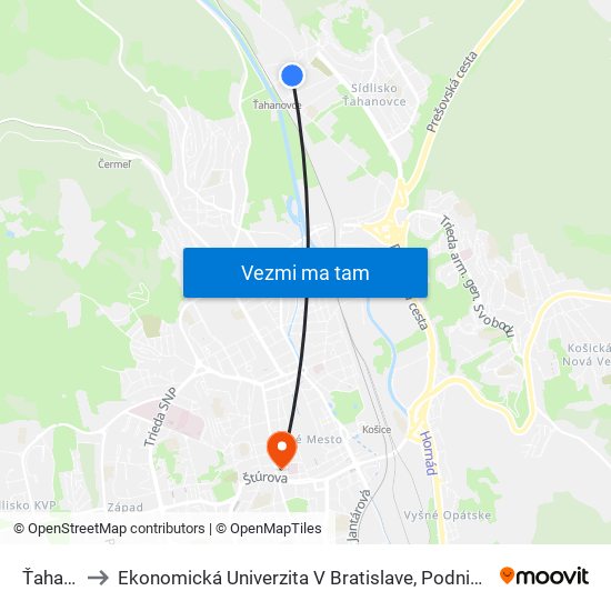 Ťahanovská to Ekonomická Univerzita V Bratislave, Podnikovohospodárska Fakulta V Košiciach map