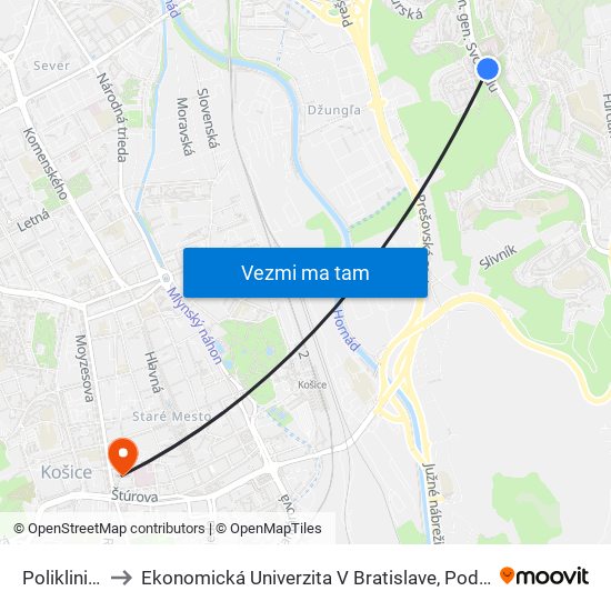 Poliklinika Východ to Ekonomická Univerzita V Bratislave, Podnikovohospodárska Fakulta V Košiciach map