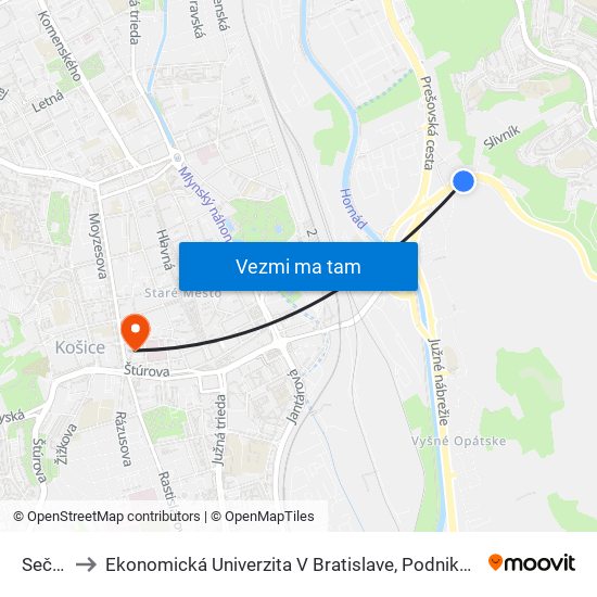 Sečovská to Ekonomická Univerzita V Bratislave, Podnikovohospodárska Fakulta V Košiciach map