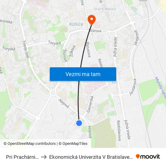 Pri Prachárni, Obchodné Centrá to Ekonomická Univerzita V Bratislave, Podnikovohospodárska Fakulta V Košiciach map