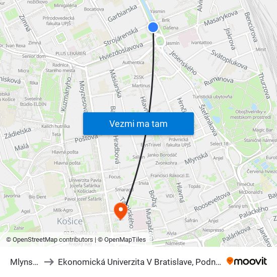 Mlynská Bašta to Ekonomická Univerzita V Bratislave, Podnikovohospodárska Fakulta V Košiciach map