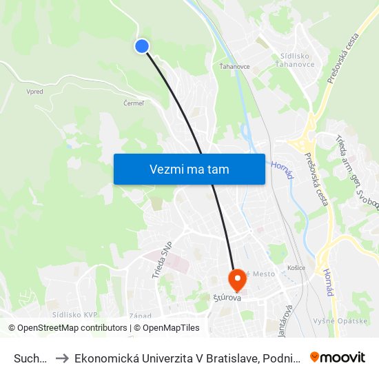 Suchá Dolina to Ekonomická Univerzita V Bratislave, Podnikovohospodárska Fakulta V Košiciach map