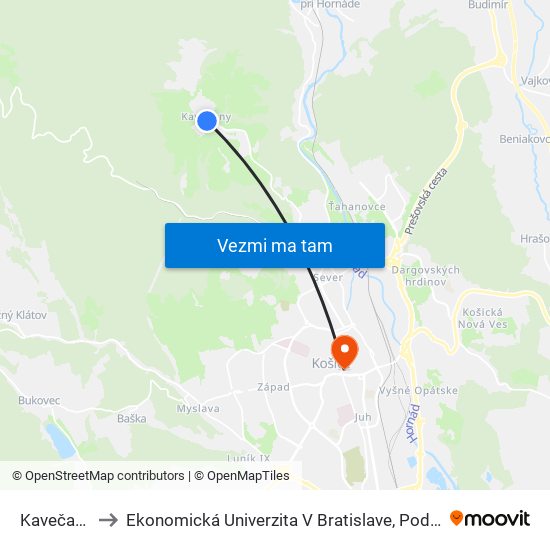 Kavečany, Cintorín to Ekonomická Univerzita V Bratislave, Podnikovohospodárska Fakulta V Košiciach map