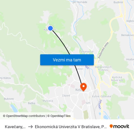 Kavečany, Miestny Úrad to Ekonomická Univerzita V Bratislave, Podnikovohospodárska Fakulta V Košiciach map