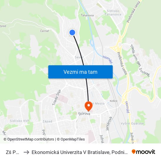 Zš Polianska to Ekonomická Univerzita V Bratislave, Podnikovohospodárska Fakulta V Košiciach map